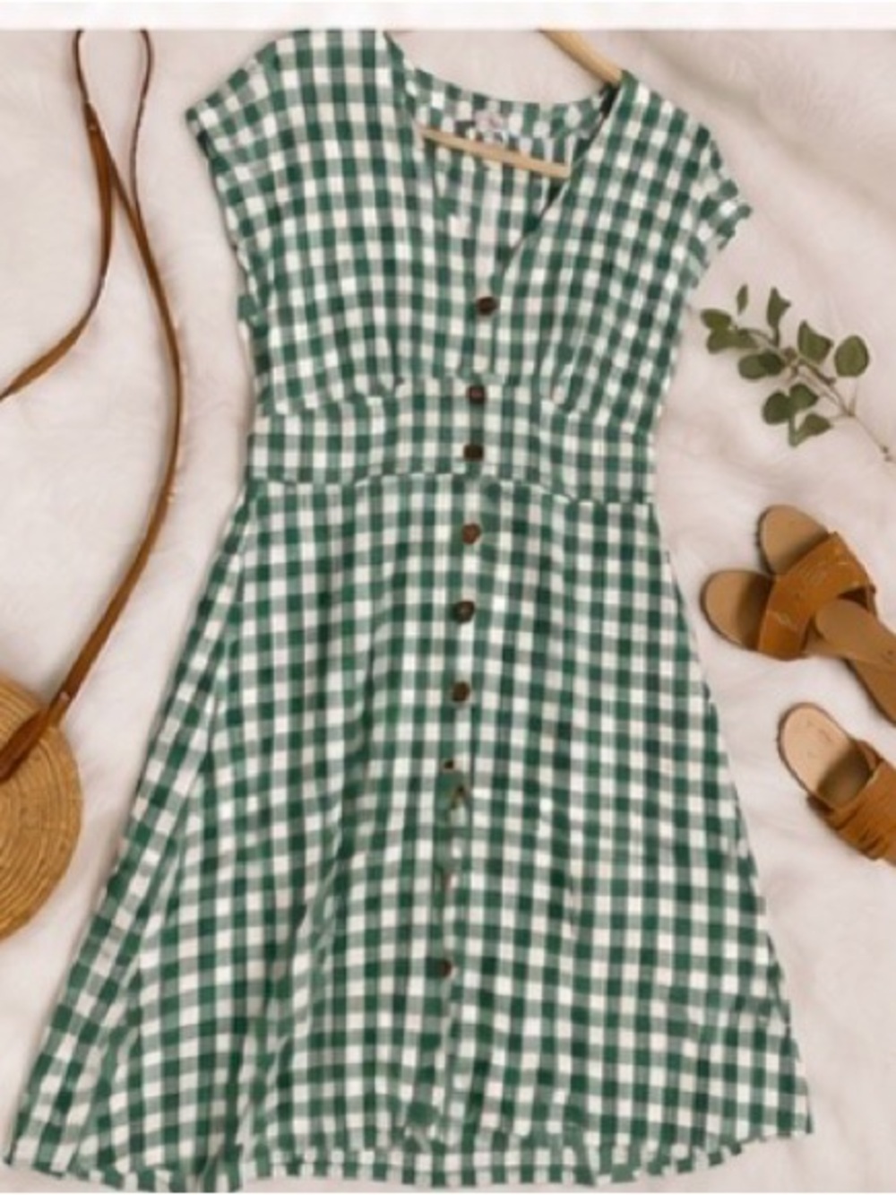 LOFT Green and White Gingham Button-Front Dress fit and flare - Picture 2 of 6